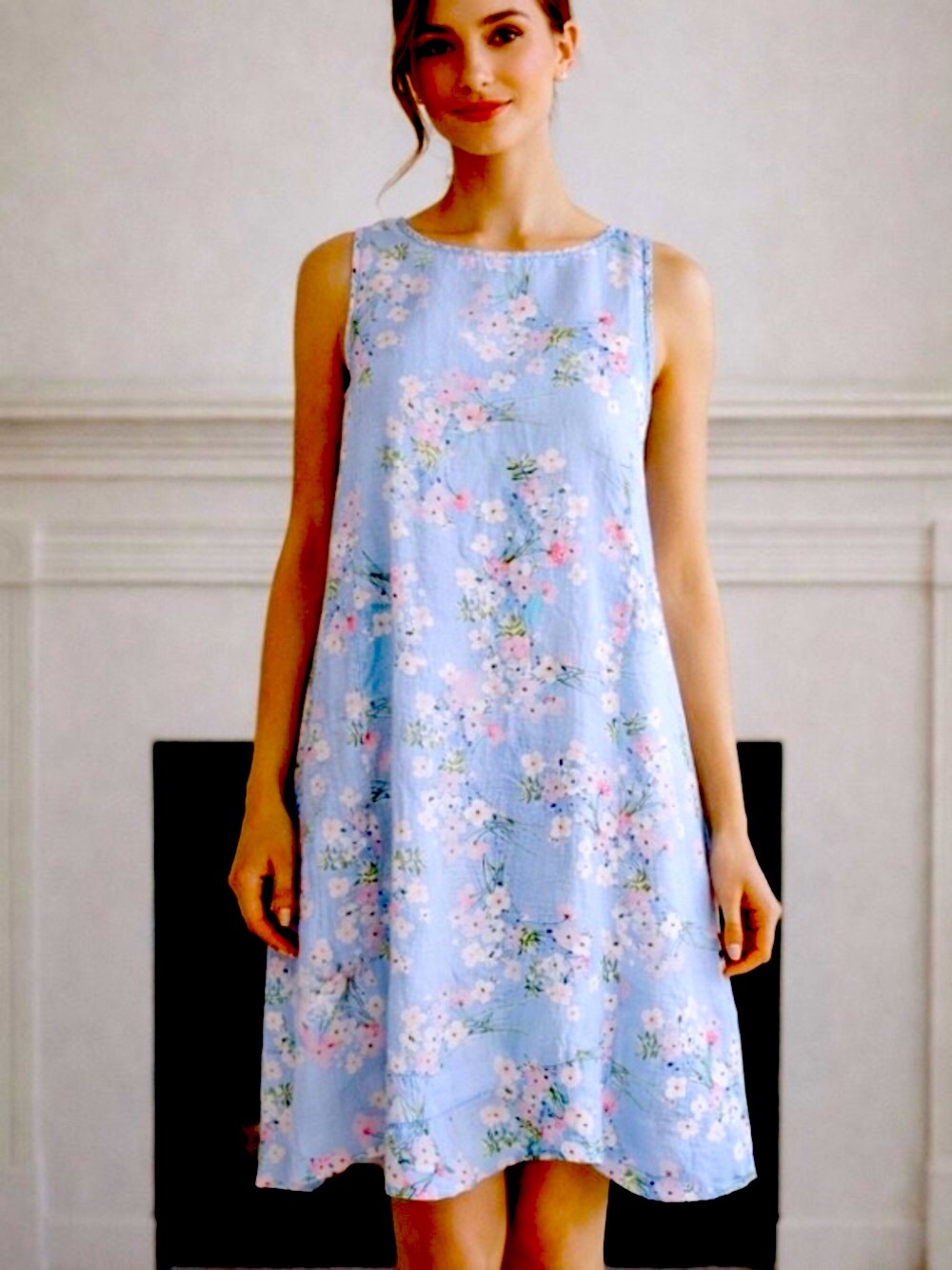 J.Jill Linen Light Blue Floral Sleeveless Shift Dress S